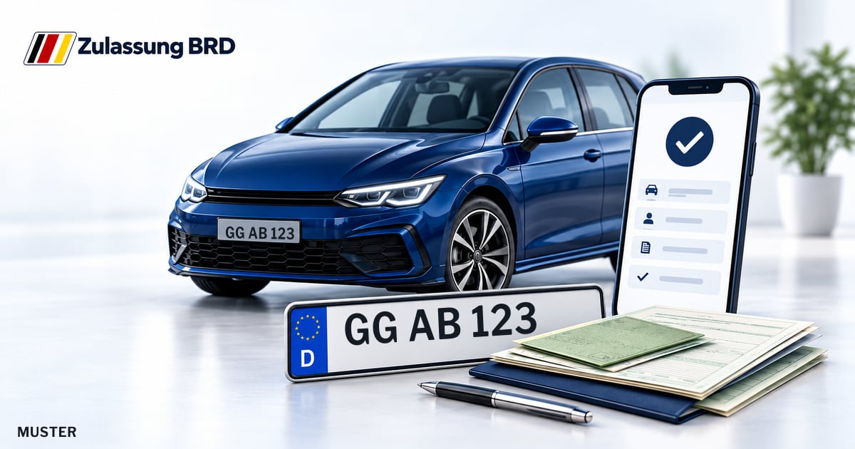 Online Fahrzeugzulassung in Kelsterbach: Musterkennzeichen GG AB 123, Auto und Fahrzeugpapiere und Smartphone. Illustration mit Logo von Zulassung BRD.